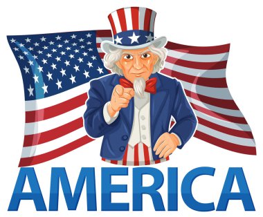 Sam Amca 'nın Amerikan bayrağı arkaplanını gösteren vektör çizimi. Kalın renkler ve klasik vatanseverlik teması