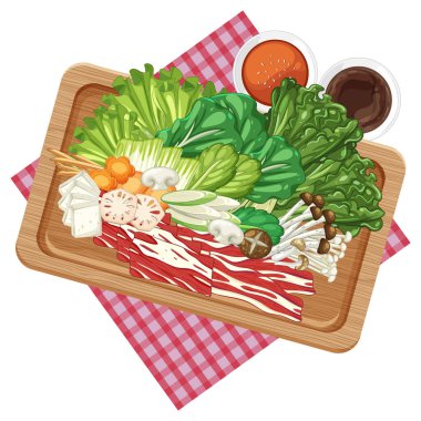 Tahtadaki taze sebze ve soslarla dolu Tayland yemek tabağının canlı vektör çizimi