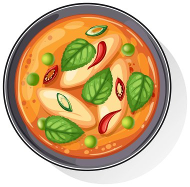 Taze malzemeler ve koyu renklerle dolu bir kasede Asya mutfağının canlı vektör çizimi