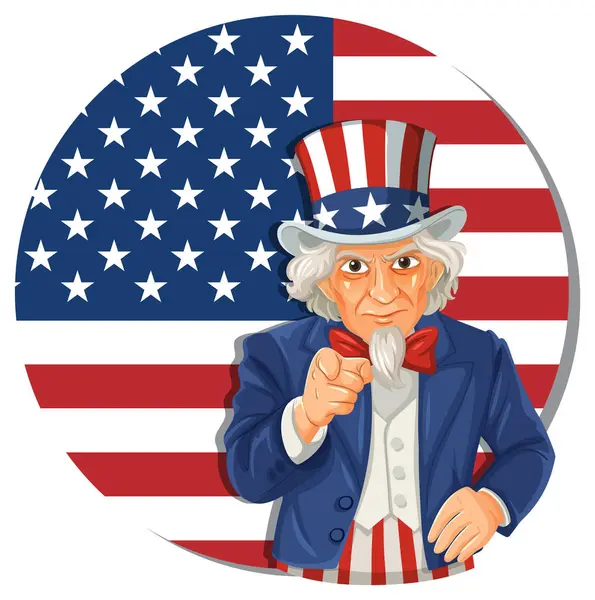 Dairesel bir Amerikan bayrağı önünde tarihi bir figürün resmi. Canlı renkler ve kalın çizgiler vatanseverlik temasını geliştirir
