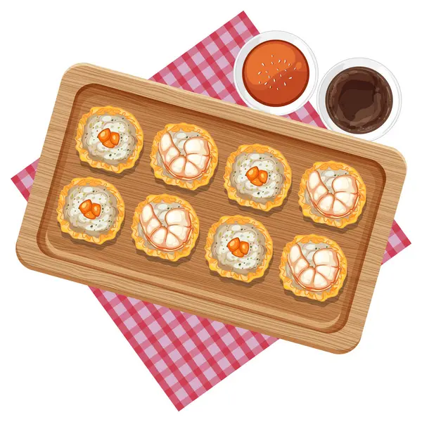 Tahta tepside soslu Tayland aperatiflerinin vektör çizimi. Canlı renkler ve detaylı dokular bileşimi güçlendirir