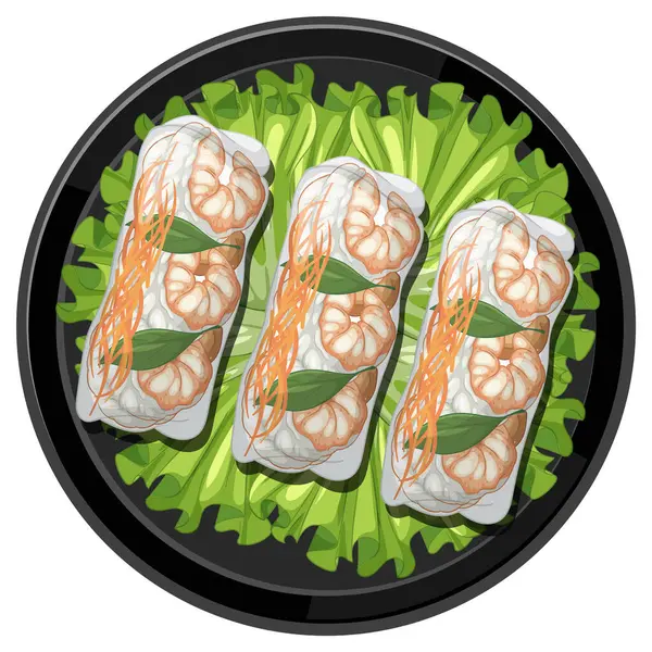 Siyah tabakta karides, marul ve havuçlu Tayland böreklerinin vektör çizimi. Canlı renkler ve detaylı kompozisyon