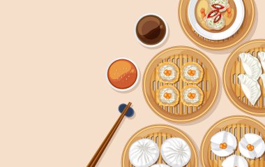 Bambu buharlı buharlı tencere, canlı renkler, temiz çizgiler ve minimalist kompozisyonda çeşitlendirilmiş dim sum 'un yukarıdan aşağı görünümü