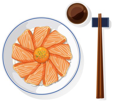 Soya soslu ve çubuklu dairesel desenli somon balığının yukarıdan aşağı görüntüsü. Temiz çizgiler ve canlı renkler