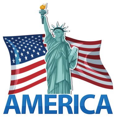 Amerikan bayrağıyla Özgürlük Anıtı 'nın vektör çizimi. Kalın renkler ve temiz çizgiler vatansever bir tema oluşturur