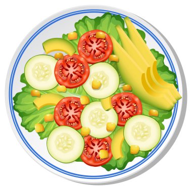 Beyaz tabakta domatesli, salatalıklı ve mango dilimli taze salatanın canlı vektör çizimi