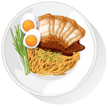 Beyaz tabakta yumurta, domuz eti ve erişteli bir ramen yemeğinin ayrıntılı çizimi.