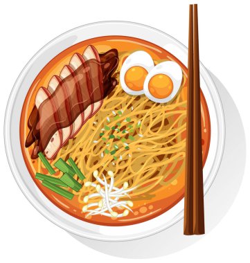 Erişte, yumurta ve etli ramen kasesinin renkli bir temsili. Temiz çizgiler ve canlı renkler bileşimi güçlendirir