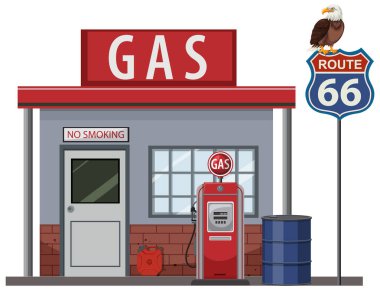 Route 66 'da klasik pompa ve işaret levhası olan eski bir benzin istasyonunun vektör çizimi