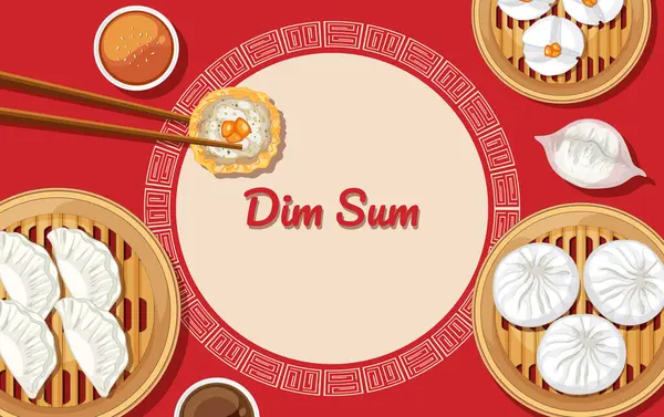 Kırmızı arka planda, bambu buharlı buharlı ve çubuklu Dim Sum 'un vektör çizimi. Temiz çizgiler ve canlı renkler bileşimi güçlendirir