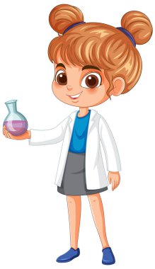Elinde deney şişesi olan, laboratuvar önlüğü giyen bir kız.