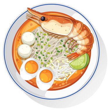 Tayland karidesli, yumurtalı, limonlu ve otlu erişte çorbasının renkli vektör çizimi. Parlak, canlı renklerle detaylı kompozisyon