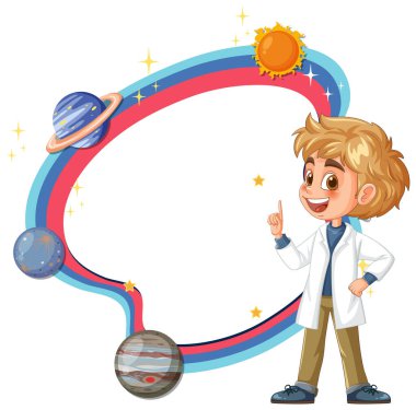 Gezegenleri ve yıldızları olan laboratuvar önlüklü çocuk.