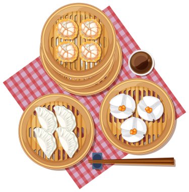 Damalı bir kumaş üzerindeki Dim Sum 'un vektör çizimi. Bambu buharı, hamur tatlısı ve çayı tepeden tırnağa gösteriyor.