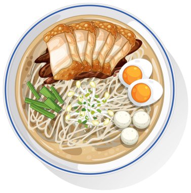 Erişte, yumurta, domuz eti ve sebzeli ramen kasesinin detaylı vektör çizimi. Temiz çizgiler ve canlı renkler bileşimi güçlendirir