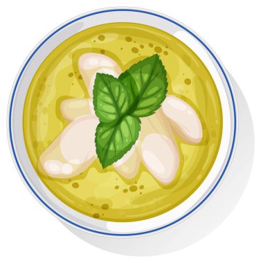 Fesleğen yapraklı bir kasede Tayland yeşil körisinin vektör çizimi. Parlak renkler ve yukarıdan aşağı kompozisyon görsel cazibeyi arttırır