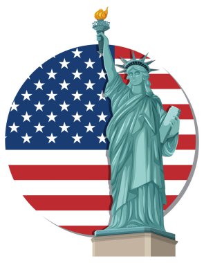 Amerikan bayrağının dairesel arkaplanına karşı Özgürlük Anıtı 'nın vektör çizimi, vatansever temalar ve simgesel sembolizmi vurguluyor.