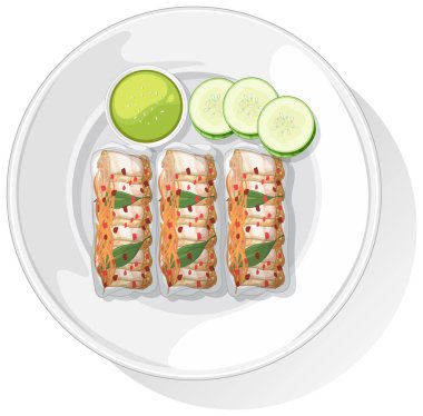 Salatalık dilimleri ve sosla Asya 'daki yay rulolarının renkli vektör çizimi, canlı renkleri ve detaylı bileşimi vurguluyor