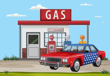 Eski bir benzin istasyonunun vektör çizimi ve vatansever tasarım unsurları olan klasik bir araba.