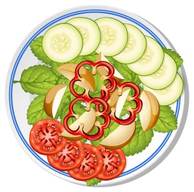 Beyaz tabakta salatalık, domates ve biberli renkli sebze salatasının vektör çizimi. Parlak ve iştah açıcı.