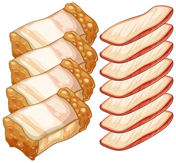 Kıtır domuz göbeği ve ince dilimlerin detaylı vektör çizimi, gerçekçi bir tarzda doku ve rengi vurguluyor.