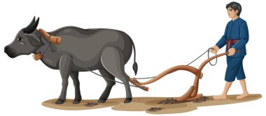 Bir çiftçinin su bufalosuyla çiftçilik yapması, kırsal alanda geleneksel tarım tekniklerini sergilemesi.
