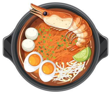 Tayland karidesli şehriye çorbasının renkli temsili yumurta, limon ve siyah kasedeki otlar.