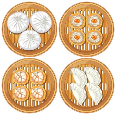 Bambu buharlı buharlı gemilerdeki çeşitli dim sum 'ların vektör çizimi, canlı renkler ve tepeden tırnağa görünümde detaylı dokular