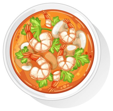 Tayland Tom Yum çorbasının canlı vektör çizimi. Beyaz bir kasede karides, bitki ve mantar var.