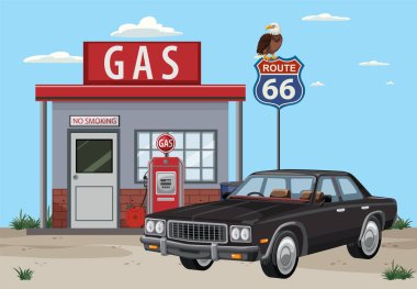 Klasik araba ve Route 66 tabelası olan klasik benzin istasyonu sahnesi. Kalın renkler ve temiz çizgiler nostaljik bir atmosfer yaratır.