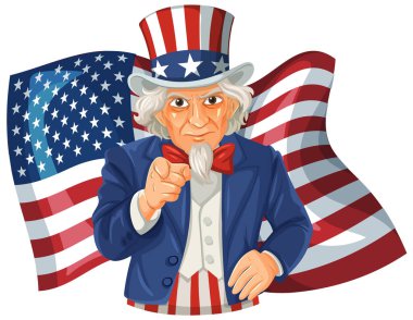 Amerikan bayrağının dalgalanan zeminine karşı duran klasik bir vatansever figürün vektör çizimi