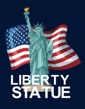 Amerikan bayrağıyla Özgürlük Anıtı 'nın vektör çizimi. Kalın renkler ve güçlü kompozisyon vatanseverliği vurguluyor
