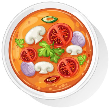 Domatesli, mantarlı ve otlu Asya çorbasının renkli temsili. Parlak renkler ve yukarıdan aşağı kompozisyon görsel cazibeyi arttırır