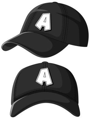 Kalın A harfli iki siyah beysbol şapkasının vektör çizimi, parlak ve modern bir tasarım sergiliyor.