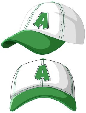 'A' harfli yeşil ve beyaz bir beysbol şapkasının vektör çizimi. Temiz çizgiler ve kalın renkler tasarımı güçlendirir