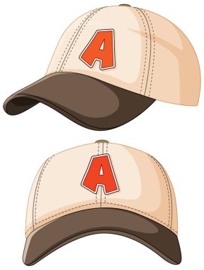 Koyu kırmızı A harfli bej bir beysbol şapkasının vektör çizimi. Temiz çizgiler ve basit gölgeleme tasarımı güçlendirir