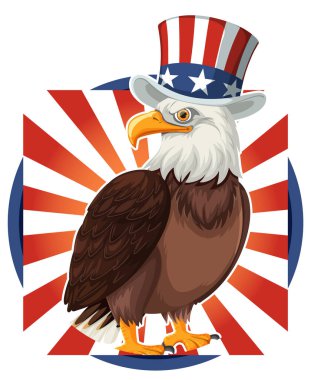 Yıldızlarla bezeli silindir şapka takan kel bir kartalın vektör çizimi, kırmızı ve beyaz bir arka plan üzerine kuruludur.