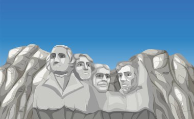 Açık mavi gökyüzü ile Rushmore Dağı 'nın vektör illüstrasyonunda ayrıntılı taş dokular ve ikonik başkanlık yüzleri vurgulanıyor