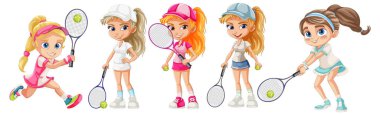Beş hareketli kız tenis kıyafetleri içinde raketler ve toplarla, dinamik pozlar ve canlı renkler sergiliyorlar.