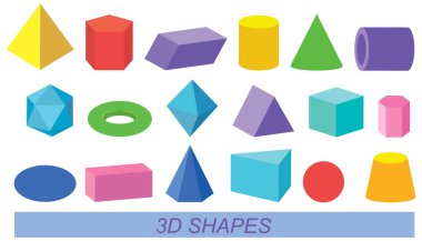 Kalın renklerde üç boyutlu geometrik şekillerin canlı vektör çizimi. Eğitim materyalleri ve tasarım projeleri için mükemmel