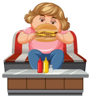 Kanepede hamburger yiyen bir çocuğun vektör çizimi, canlı renkler, şakacı stil, ketçap ve hardal şişeleri.