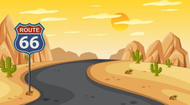 Gün batımında gökyüzünün altında kaktüsleri ve dağları olan dolambaçlı bir yolun vektör çizimi.