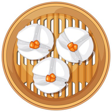 Bambu sepetinde buharda pişirilmiş üç hamur köftesinin vektör çizimi. Temiz çizgiler, sıcak renkler, yukarıdan aşağı kompozisyon