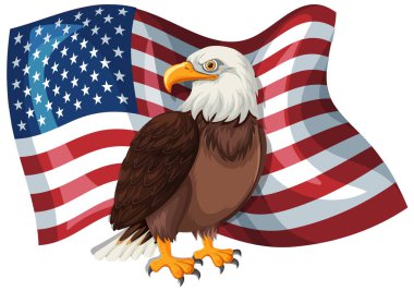 Amerikan bayrağının önünde sallanan kel bir kartalın vektör çizimi vatanseverliği ve ulusal gururu simgeliyor.