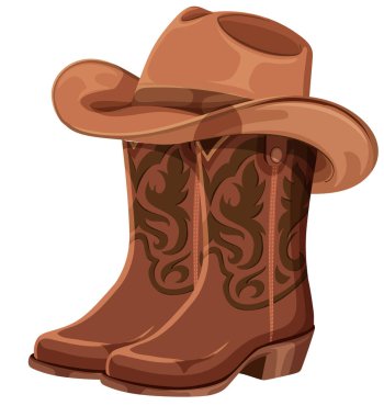 Kovboy çizmeleri ve şapkasının sıcak kahverengi tonlarda tasvir edilmiş vektör çizimi. Ayrıntılı tasarım karmaşık desenler ve gerçekçi gölgeleme