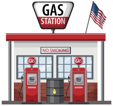 Kırmızı pompaları ve Amerikan bayrağı olan klasik bir benzin istasyonunun vektör çizimi. Temiz çizgiler ve kalın renkler retro estetiği güçlendirir