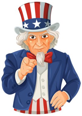 İkonik Sam Amca öne bakıyor, yıldız işlemeli şapka ve takım elbise giyiyor. Kalın renkler ve net çizgiler vatanseverlik temasını geliştirir