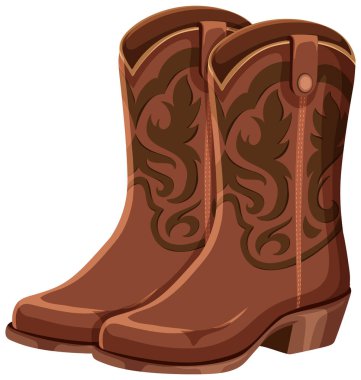 Karmaşık desenli kahverengi kovboy çizmelerinin detaylı vektör çizimi klasik bir batı tarzı ve sıcak renk paleti sergiliyor.