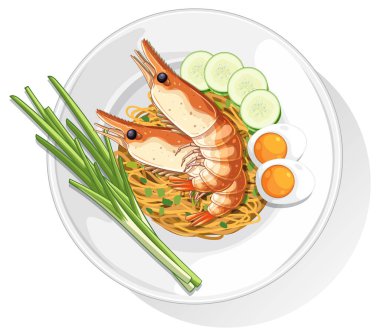 Beyaz tabakta karides, yumurta, salatalık ve soğanlı Tayland eriştesinin vektör çizimi.