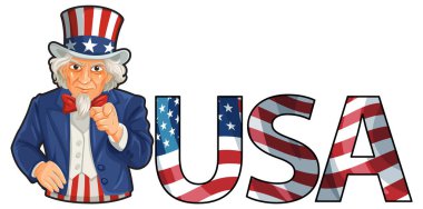 Sam Amca 'nın ABD harflerinin yanında bayrak renginde vektör çizimi. Cesur, vatansever tasarım canlı kırmızı, beyaz ve mavi